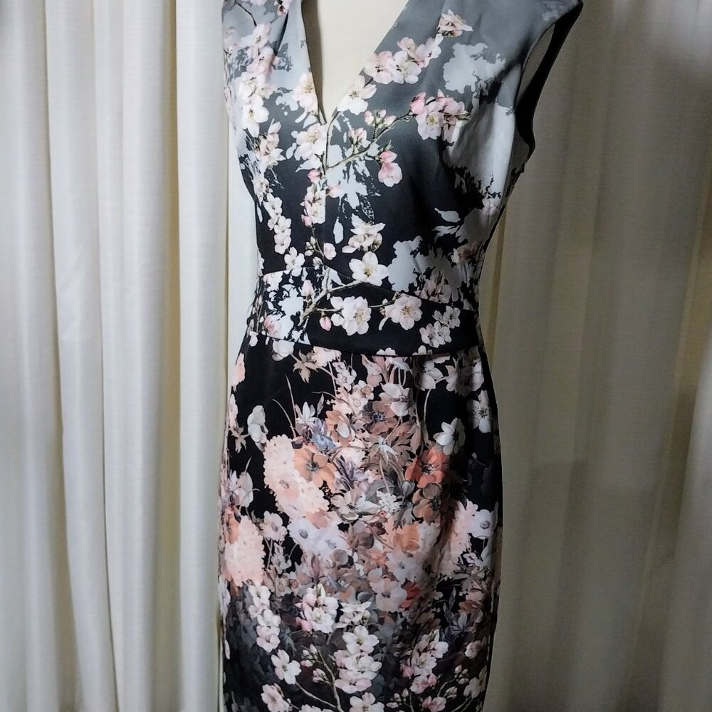 PHASE EIGHT SIZE 10 GRAY & PINK V NECK FLORAL MIDI DRESS - Picture 12 of 12